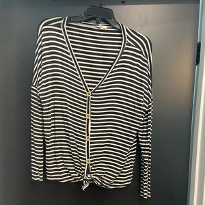 BiBi Black and White Striped Button Down With Tie Detail Size M